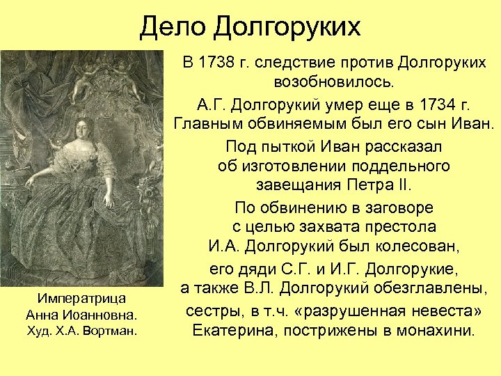 Дело Долгоруких Императрица Анна Иоанновна. Худ. Х. А. Вортман. В 1738 г. следствие против