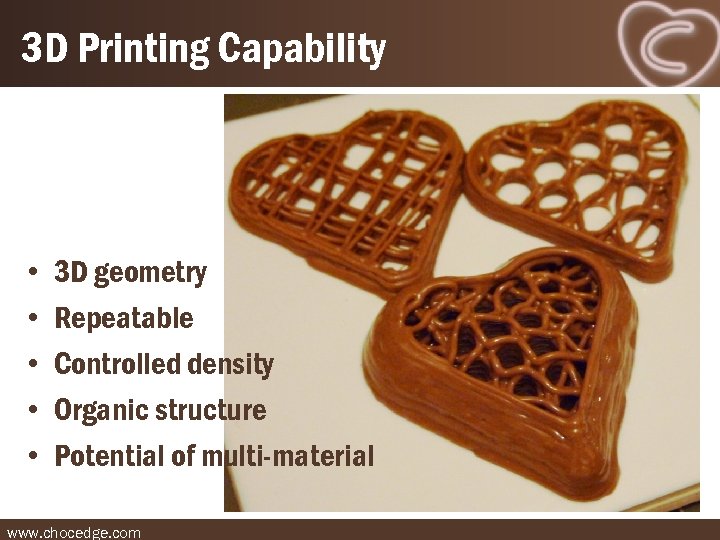 3 D Printing Capability • • • 3 D geometry Repeatable Controlled density Organic