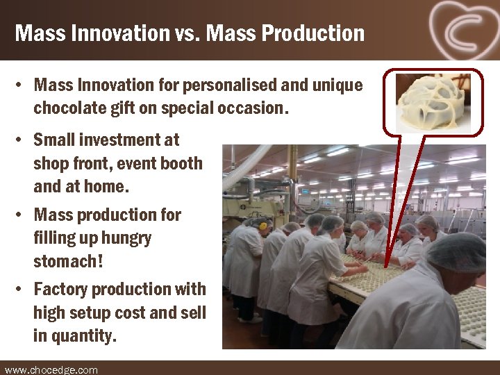 Mass Innovation vs. Mass Production • Mass Innovation for personalised and unique chocolate gift