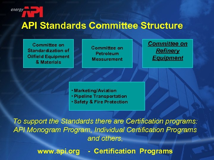 API Standards Committee Structure Committee on Standardization of Oilfield Equipment & Materials Committee on