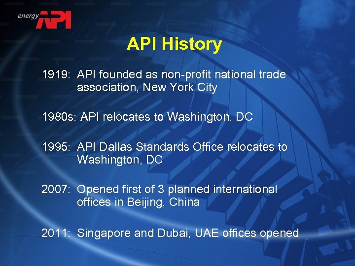 API History 1919: API founded as non-profit national trade association, New York City 1980