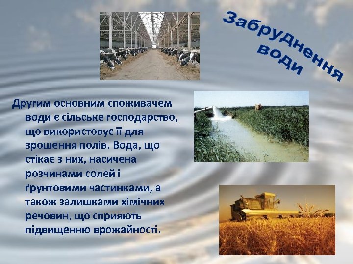 Другим основним споживачем води є сільське господарство, що використовує її для зрошення полів. Вода,
