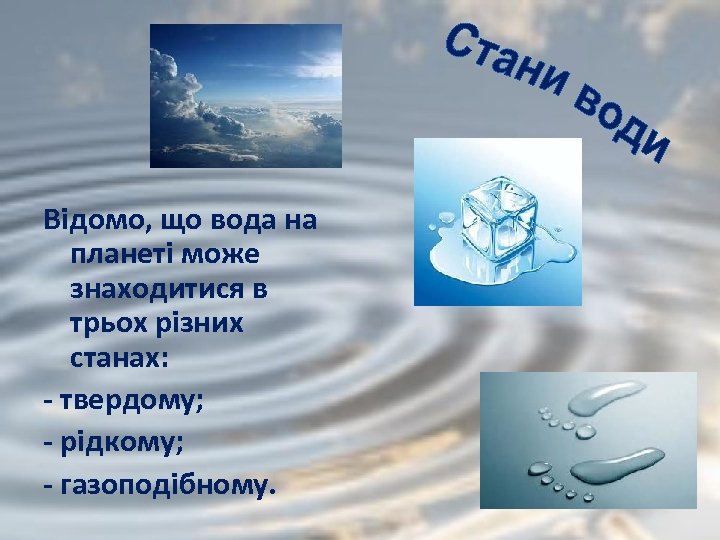 Відомо, що вода на планеті може знаходитися в трьох різних станах: - твердому; -