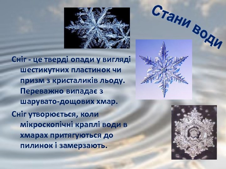 Сніг - це тверді опади у вигляді шестикутних пластинок чи призм з кристаликів льоду.