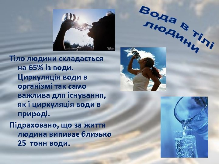 Тіло людини складається на 65% із води. Циркуляція води в організмі так само важлива