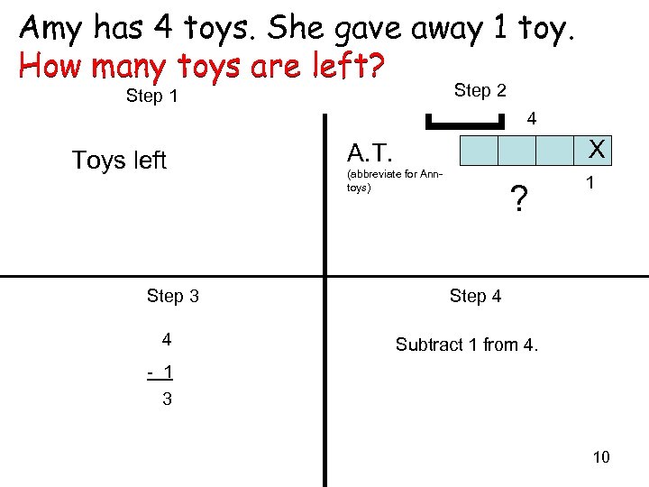 Amy has 4 toys. She gave away 1 toy. How many toys are left?