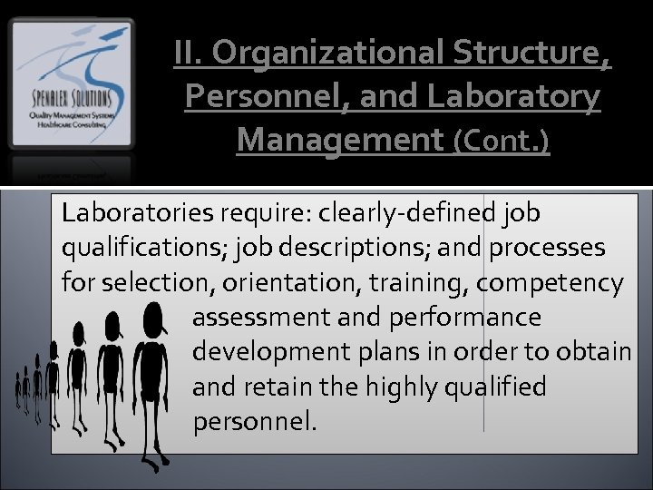 II. Organizational Structure, Personnel, and Laboratory Management (Cont. ) Laboratories require: clearly-defined job qualifications;