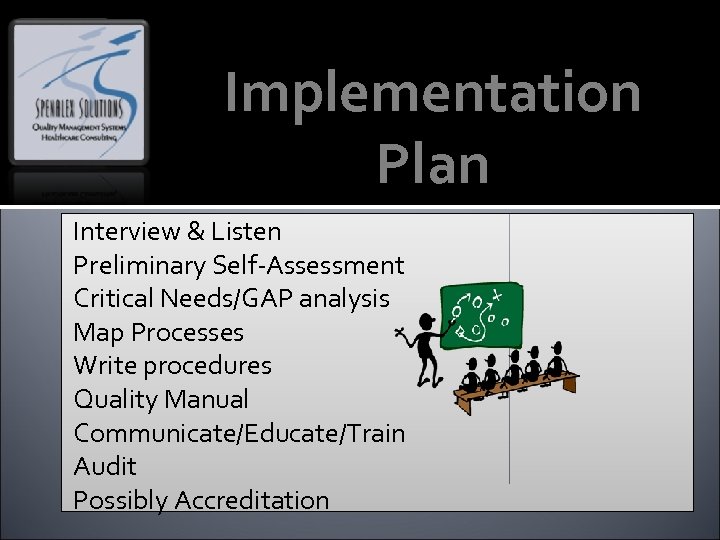 Implementation Plan Interview & Listen Preliminary Self-Assessment Critical Needs/GAP analysis Map Processes Write procedures
