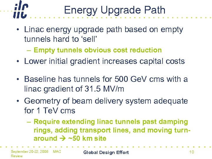 Energy Upgrade Path • Linac energy upgrade path based on empty tunnels hard to