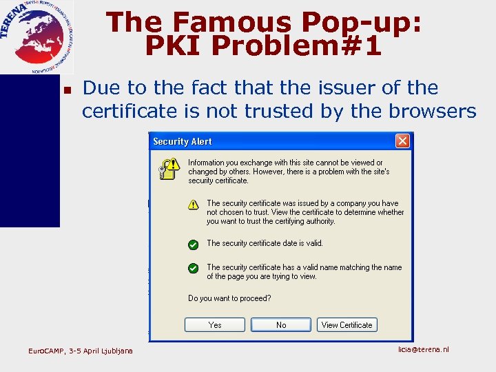 The Famous Pop-up: PKI Problem#1 n Due to the fact that the issuer of