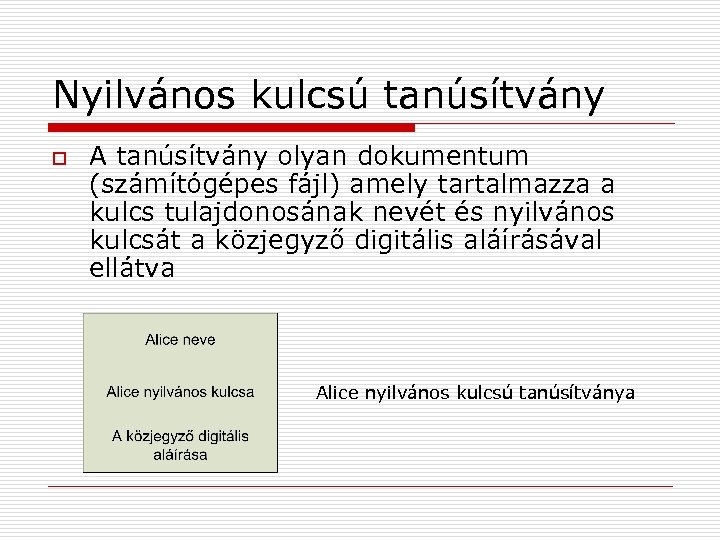 Nyilvános kulcsú tanúsítvány o A tanúsítvány olyan dokumentum (számítógépes fájl) amely tartalmazza a kulcs