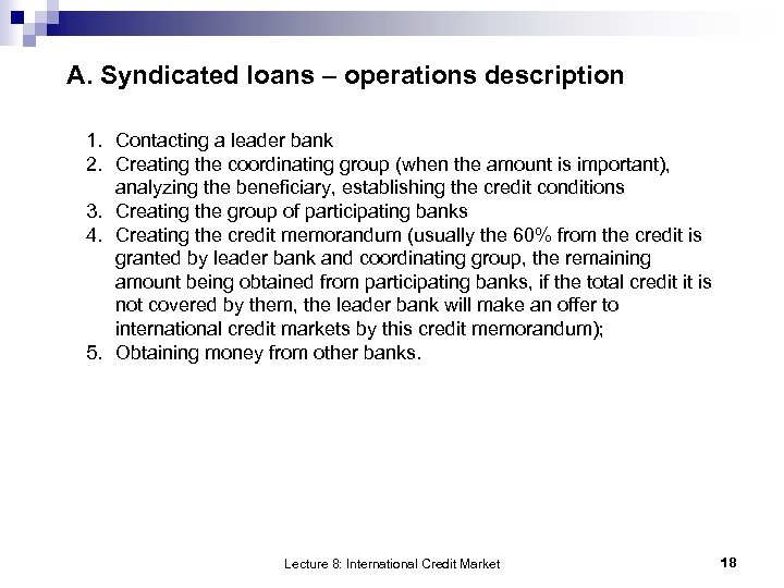 A. Syndicated loans – operations description 1. Contacting a leader bank 2. Creating the