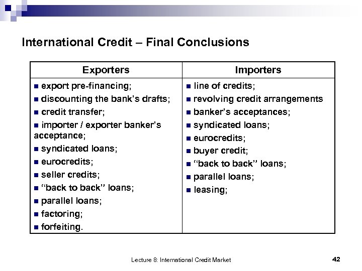 International Credit – Final Conclusions Exporters Importers n export pre-financing; n line of credits;