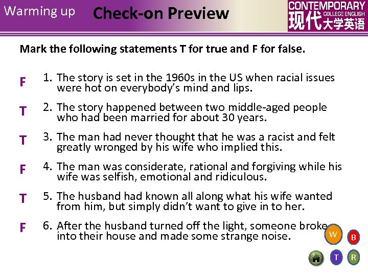 Warming up Check-on Preview Mark the following statements T for true and F for