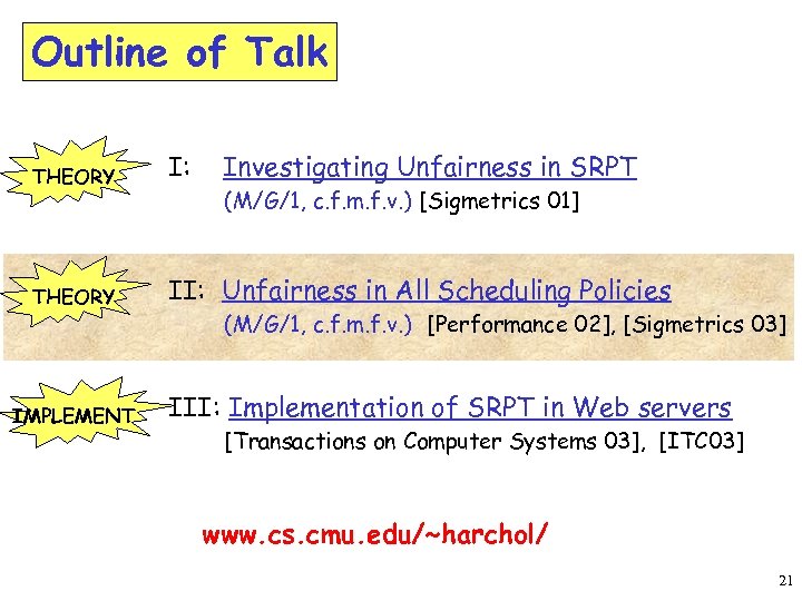 Outline of Talk THEORY I: THEORY II: Unfairness in All Scheduling Policies IMPLEMENT Investigating