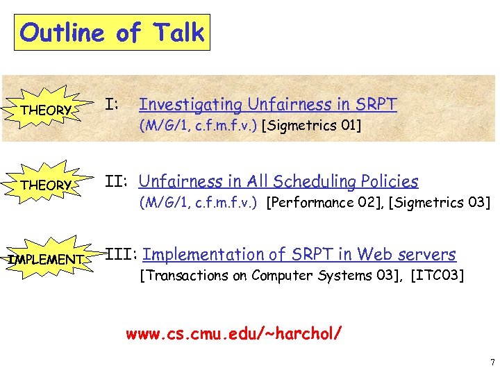 Outline of Talk THEORY I: THEORY II: Unfairness in All Scheduling Policies IMPLEMENT Investigating