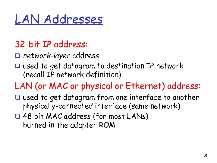 LAN Addresses 32 -bit IP address: q network-layer address q used to get datagram