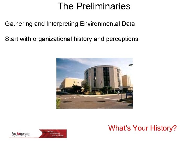 The Preliminaries Gathering and Interpreting Environmental Data Start with organizational history and perceptions What’s