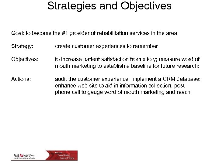 Strategies and Objectives Goal: to become the #1 provider of rehabilitation services in the