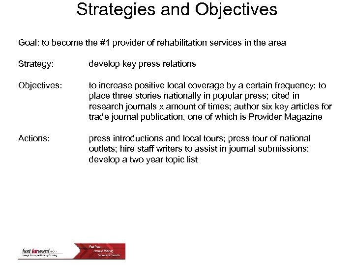 Strategies and Objectives Goal: to become the #1 provider of rehabilitation services in the