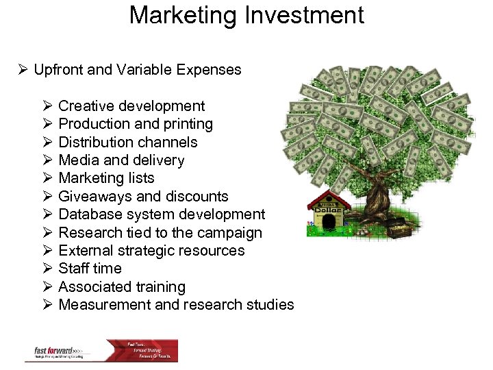 Marketing Investment Ø Upfront and Variable Expenses Ø Creative development Ø Production and printing