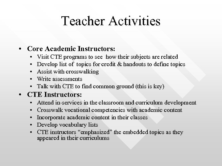 Teacher Activities • Core Academic Instructors: • • • Visit CTE programs to see