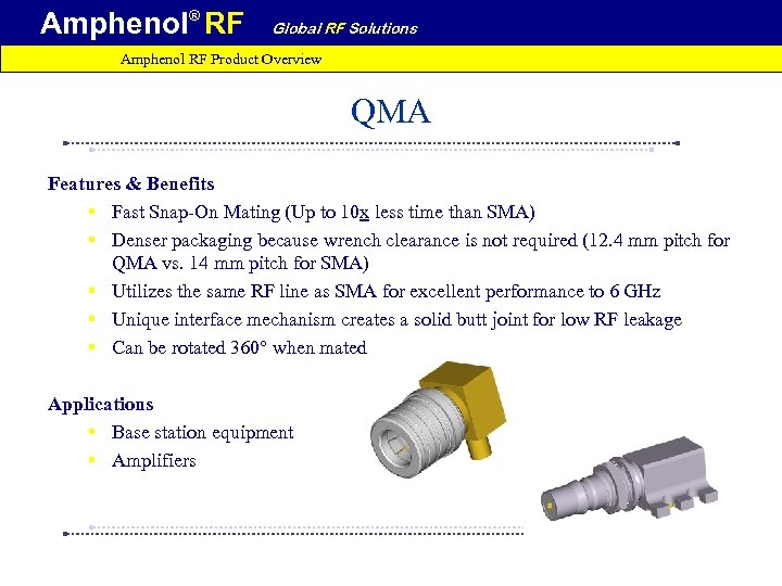 Amphenol® RF Global RF Solutions Amphenol RF Product Overview QMA Features & Benefits §