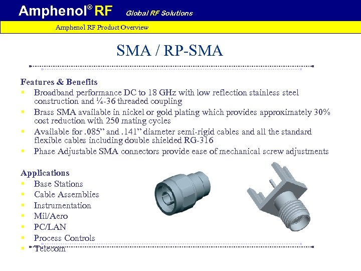 Amphenol® RF Global RF Solutions Amphenol RF Product Overview SMA / RP-SMA Features &
