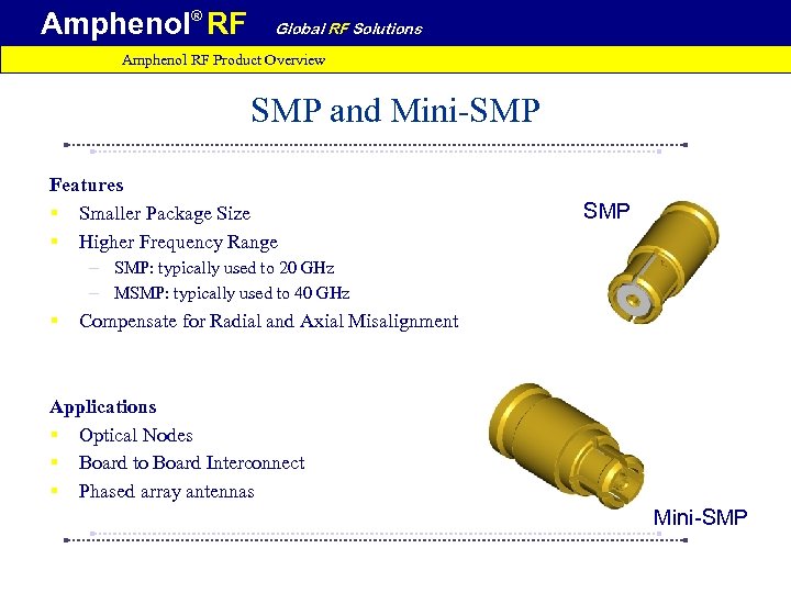 Amphenol® RF Global RF Solutions Amphenol RF Product Overview SMP and Mini-SMP Features §