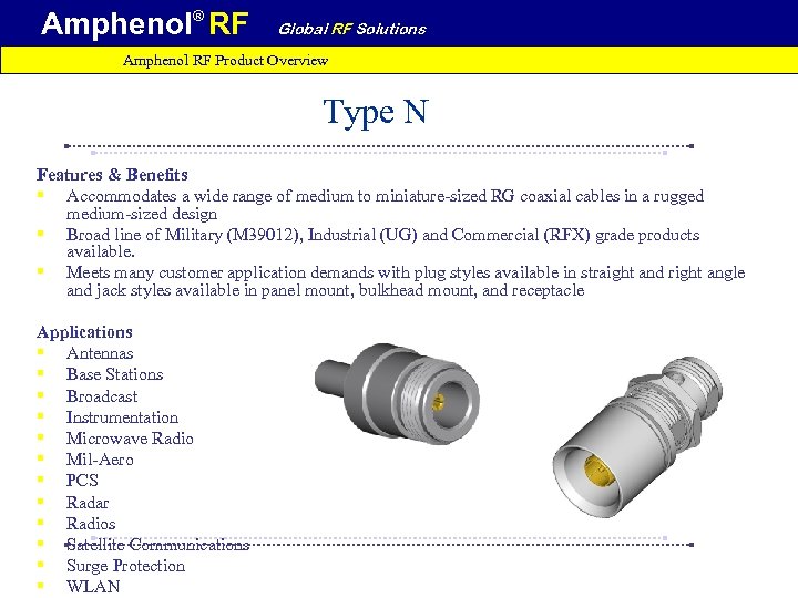 Amphenol® RF Global RF Solutions Amphenol RF Product Overview Type N Features & Benefits
