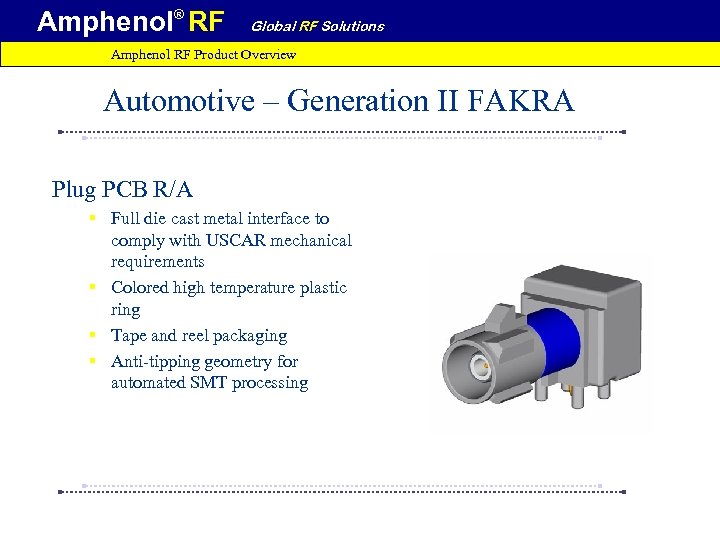 Amphenol® RF Global RF Solutions Amphenol RF Product Overview Automotive – Generation II FAKRA