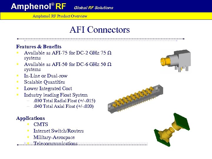 Amphenol® RF Global RF Solutions Amphenol RF Product Overview AFI Connectors Features & Benefits