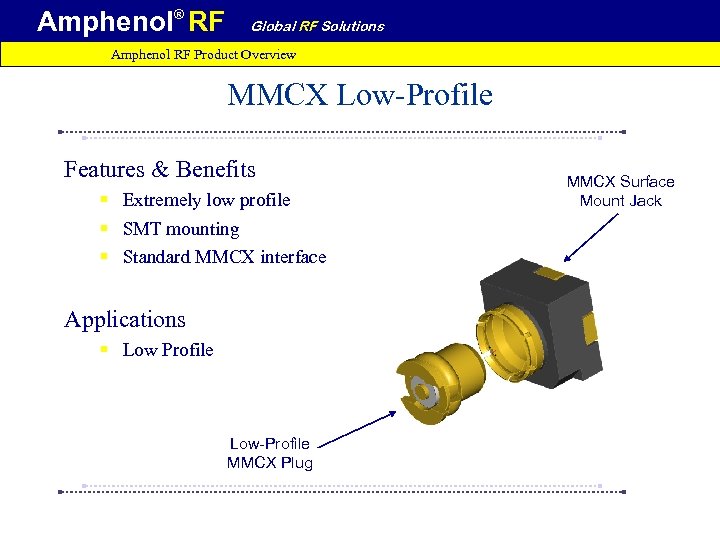 Amphenol® RF Global RF Solutions Amphenol RF Product Overview MMCX Low-Profile Features & Benefits