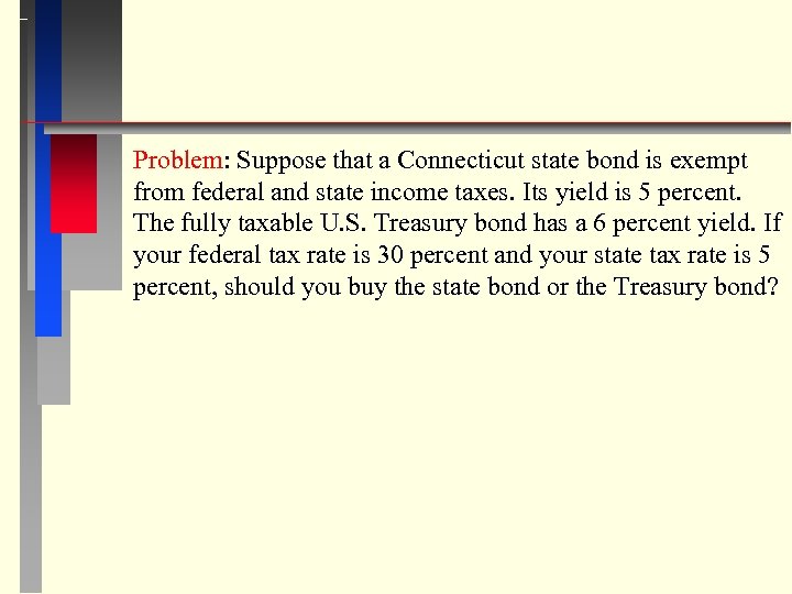 Problem: Suppose that a Connecticut state bond is exempt from federal and state income