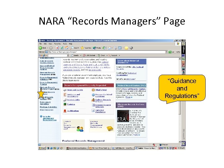 NARA “Records Managers” Page “Guidance and Regulations” 