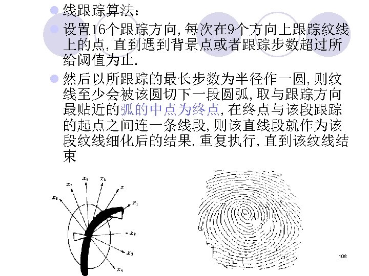 l 线跟踪算法： l 设置 16个跟踪方向, 每次在 9个方向上跟踪纹线 上的点, 直到遇到背景点或者跟踪步数超过所 给阈值为止. l 然后以所跟踪的最长步数为半径作一圆, 则纹 线至少会被该圆切下一段圆弧,
