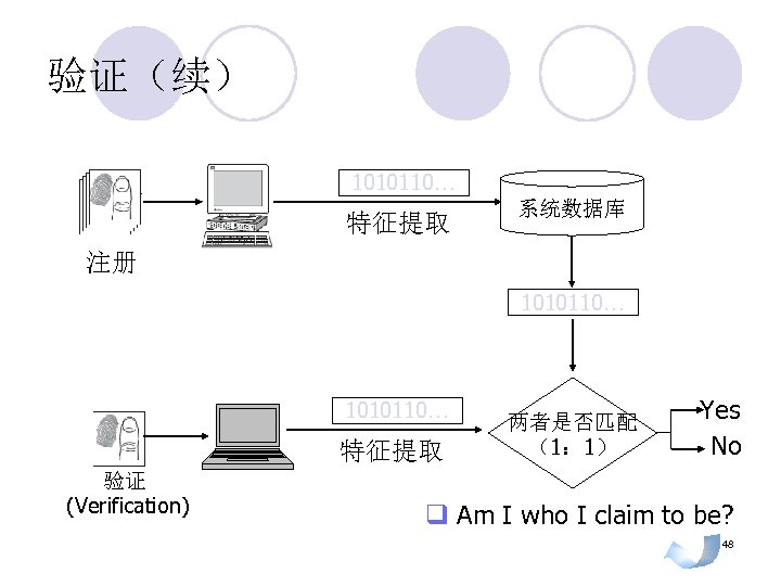 验证（续） 1010110… 特征提取 系统数据库 注册 1010110… 特征提取 验证 (Verification) 两者是否匹配 （1： 1） Yes No