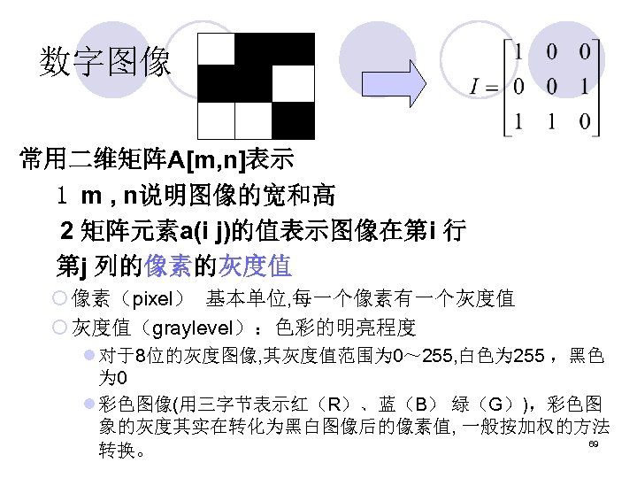 数字图像 常用二维矩阵A[m, n]表示 1 m , n说明图像的宽和高 2 矩阵元素a(i j)的值表示图像在第i 行 第j 列的像素的灰度值 ¡
