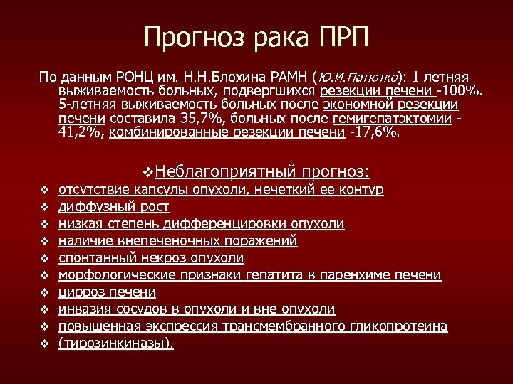 Прогноз рака ПРП По данным РОНЦ им. Н. Н. Блохина РАМН (Ю. И. Патютко):