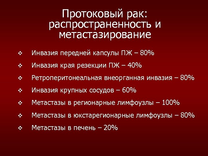 Протоковый рак: распространенность и метастазирование v Инвазия передней капсулы ПЖ – 80% v Инвазия