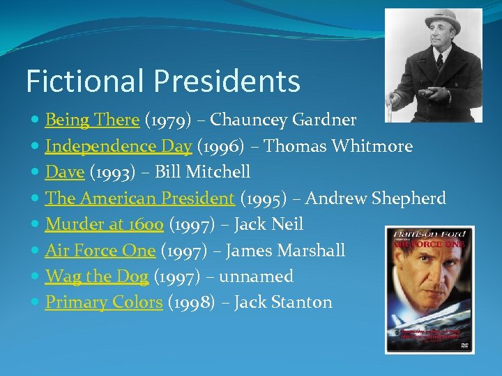 Fictional Presidents Being There (1979) – Chauncey Gardner Independence Day (1996) – Thomas Whitmore