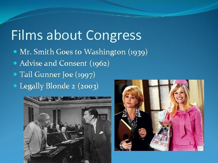 Films about Congress Mr. Smith Goes to Washington (1939) Advise and Consent (1962) Tail