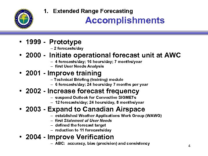 1. Extended Range Forecasting Accomplishments • 1999 - Prototype – 2 forecasts/day • 2000