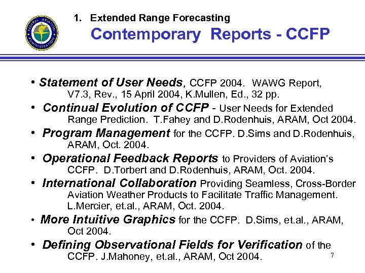 1. Extended Range Forecasting Contemporary Reports - CCFP • Statement of User Needs, CCFP