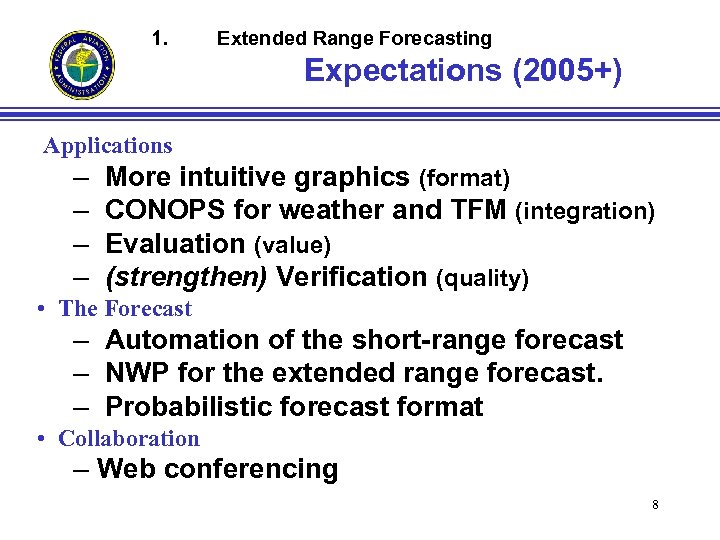 1. Extended Range Forecasting Expectations (2005+) Applications – – More intuitive graphics (format) CONOPS