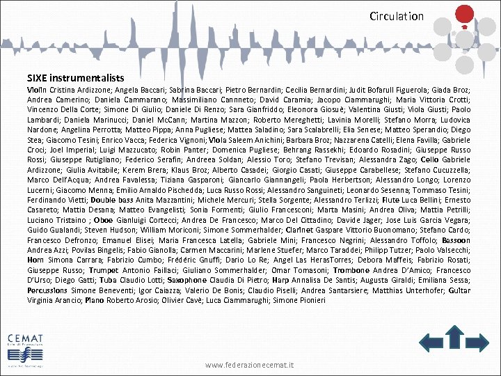 Circulation SIXE instrumentalists Violin Cristina Ardizzone; Angela Baccari; Sabrina Baccari; Pietro Bernardin; Cecilia Bernardini;