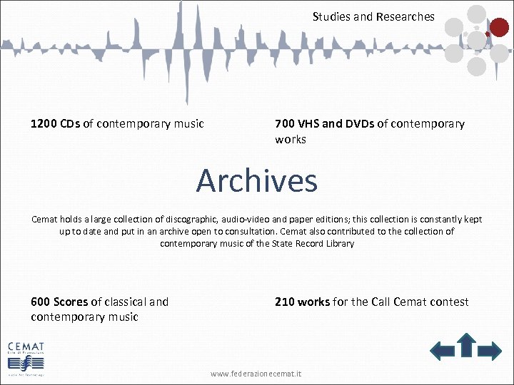Studies and Researches 1200 CDs of contemporary music 700 VHS and DVDs of contemporary