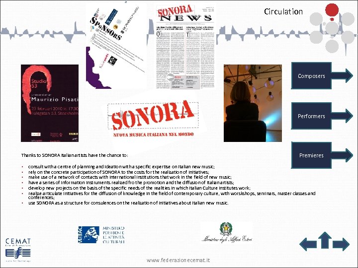 Circulation Composers Performers Premieres Thanks to SONORA Italian artists have the chance to: •