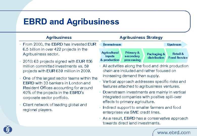 EBRD and Agribusiness Strategy • From 2000, the EBRD has invested EUR Downstream 6.