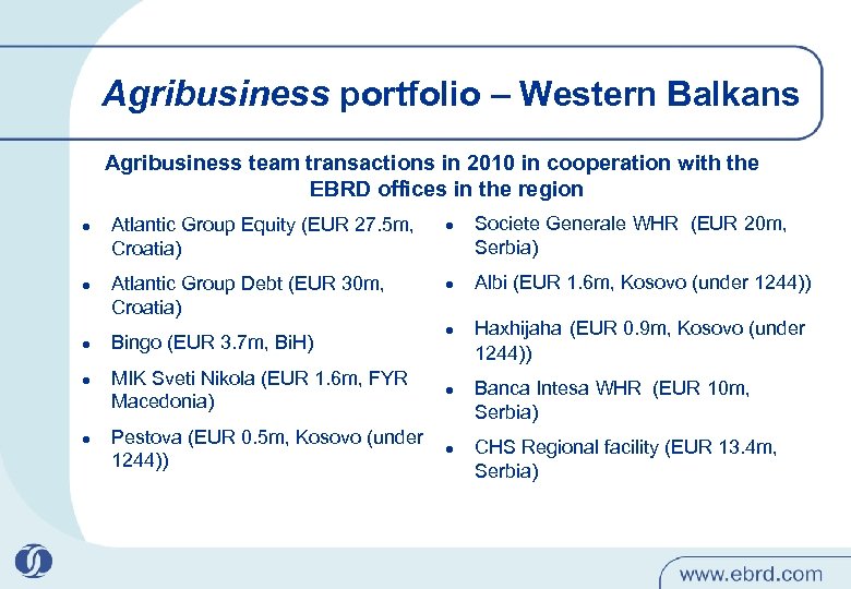 Agribusiness portfolio – Western Balkans Agribusiness team transactions in 2010 in cooperation with the
